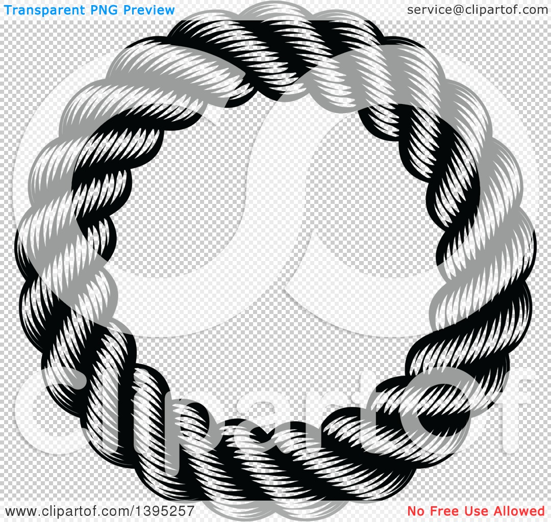 Clipart of a Black and White Woodcut or Engraved Round Nautical Rope Frame  - Royalty Free Vector Illustration by AtStockIllustration #1395257