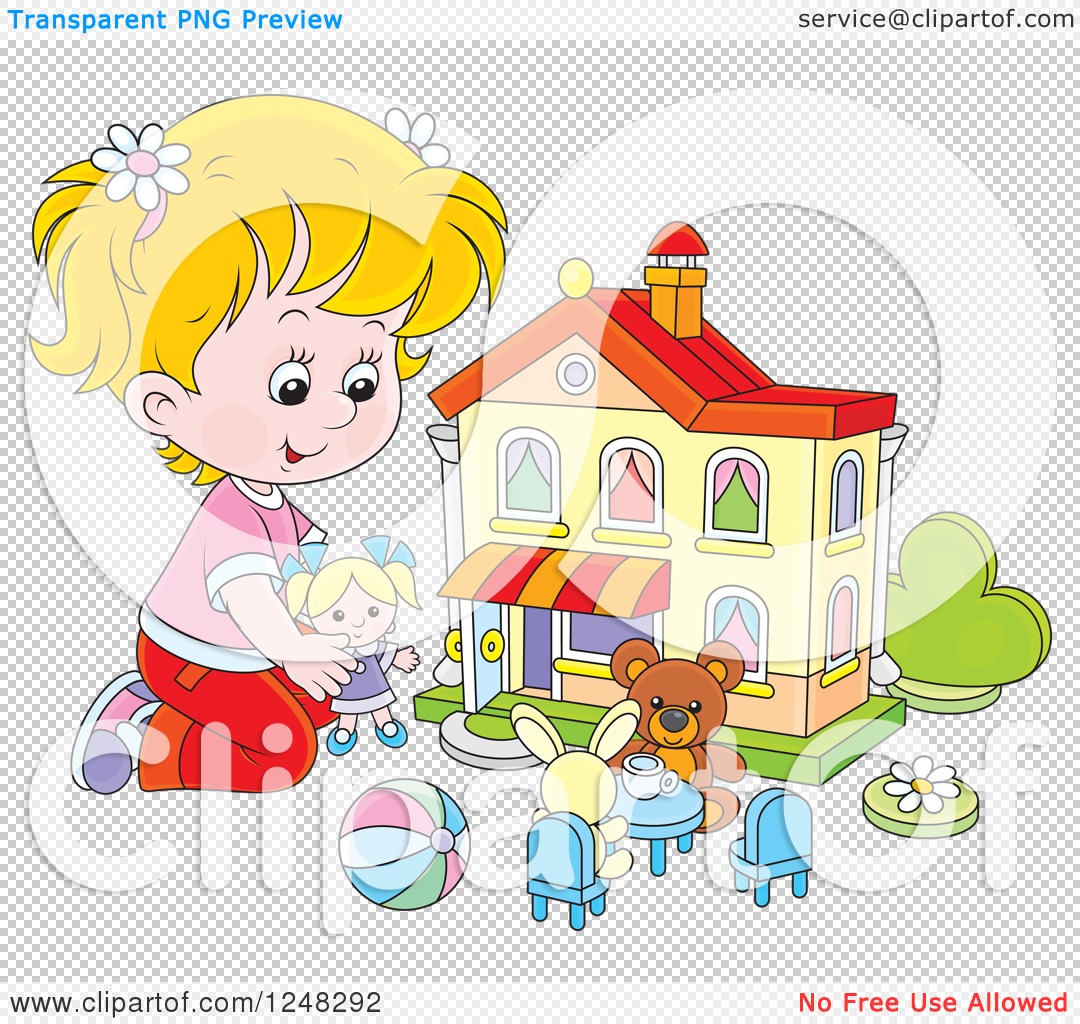 Clipart Of A Blond Girl Playing With Toys At A Doll House