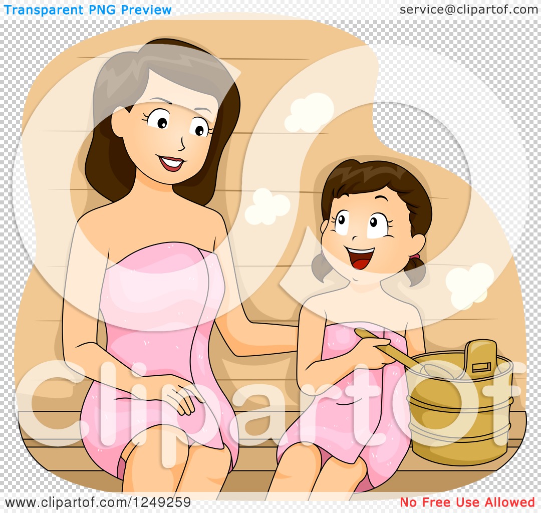 Clipart Of A Brunette Mother And Daughter Bonding In A Spa Sauna Royalty Free Vector