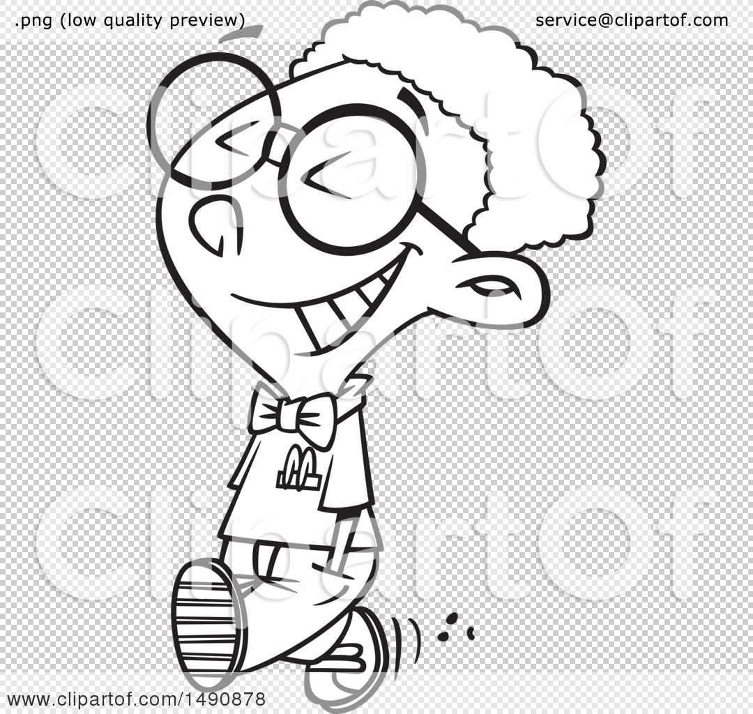 Clipart of a Cartoon Black and White Happy Young African American Nerd Boy  Walking - Royalty Free Vector Illustration by toonaday #1490878