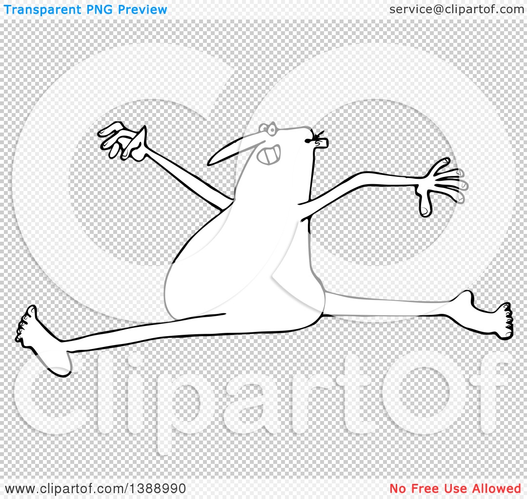 Clipart Of A Cartoon Black And White Lineart Carefree Nude Man Leaping Royalty Free Vector