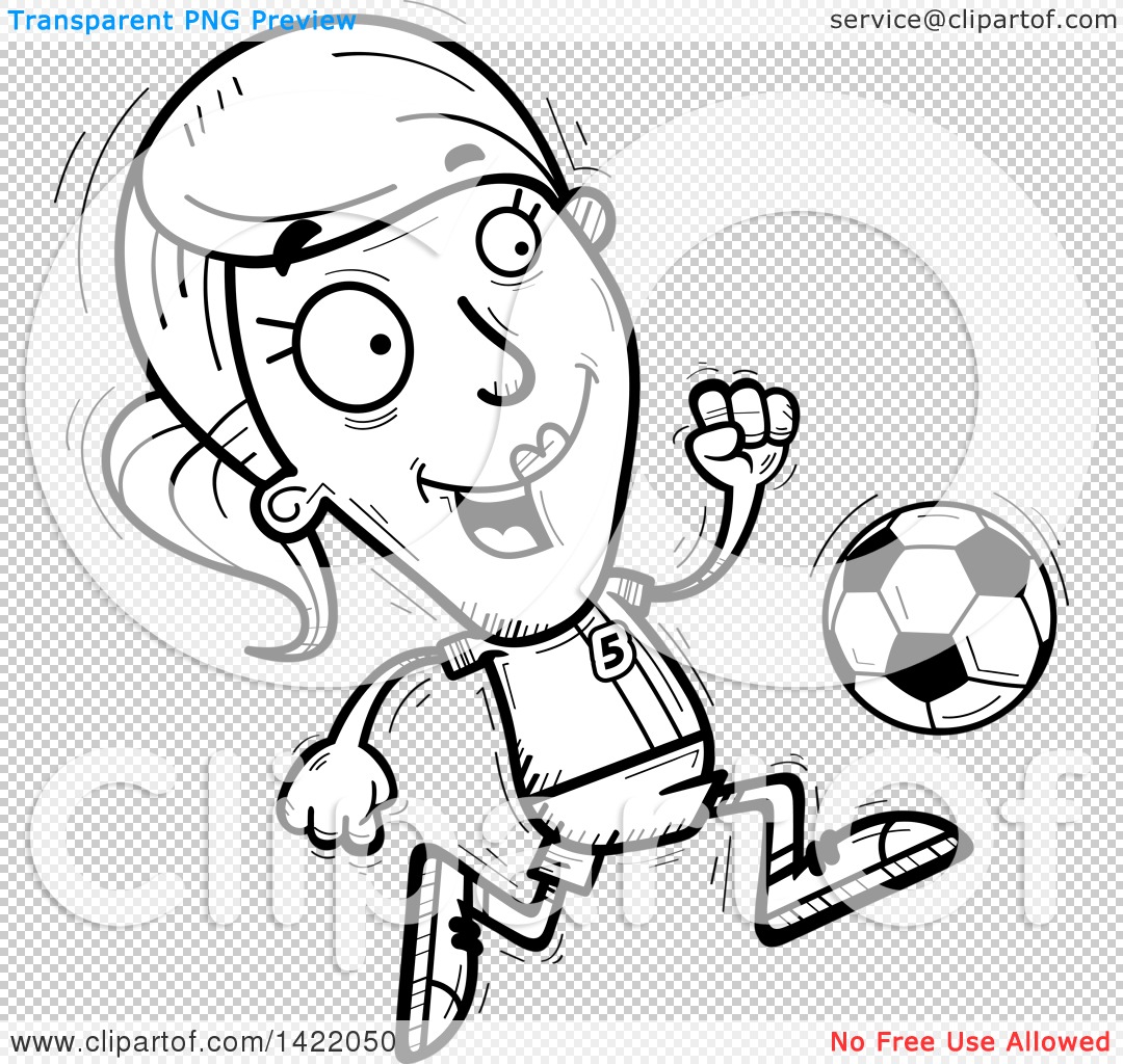 Clipart of a Cartoon Black and White Lineart Doodled Female Soccer ...