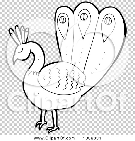 Clipart of a Cartoon Black and White Lineart Peacock - Royalty Free