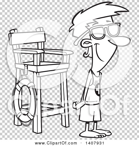 Clipart of a Cartoon Black and White Lineart Young Male Lifeguard
