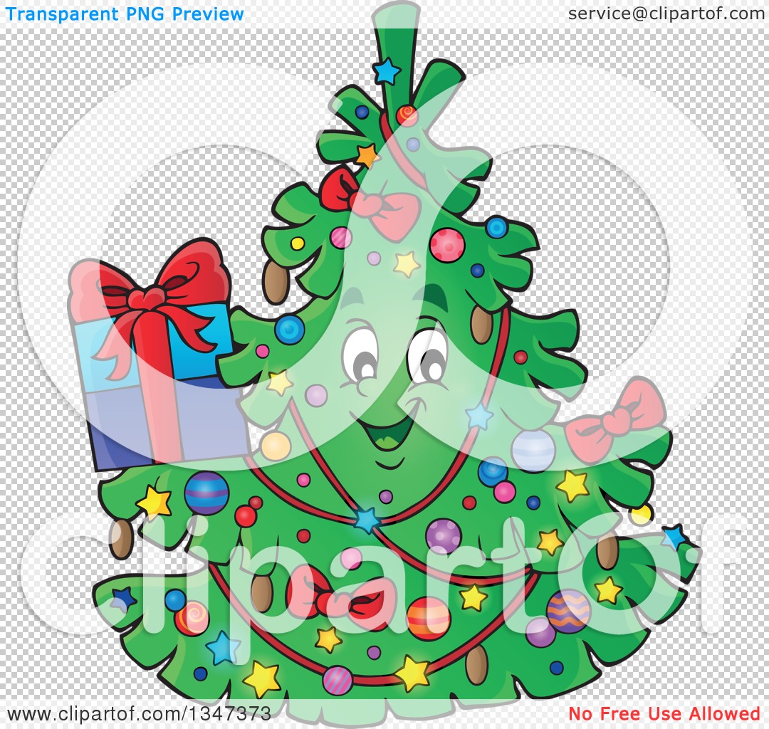 Clipart of a Cartoon Christmas Tree Character Holding a Present ...