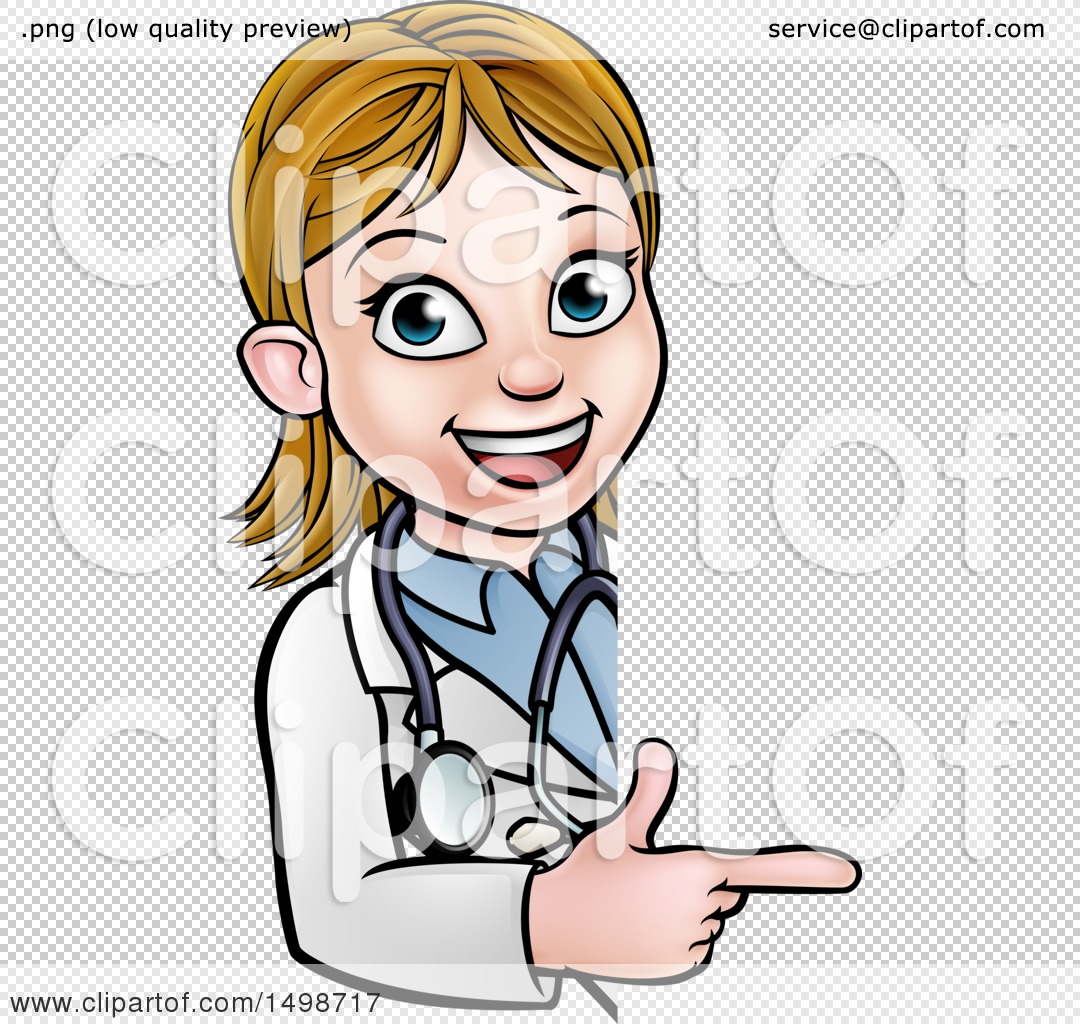 Clipart of a Cartoon Friendly White Female Doctor Pointing Around a Sign -  Royalty Free Vector Illustration by AtStockIllustration #1498717