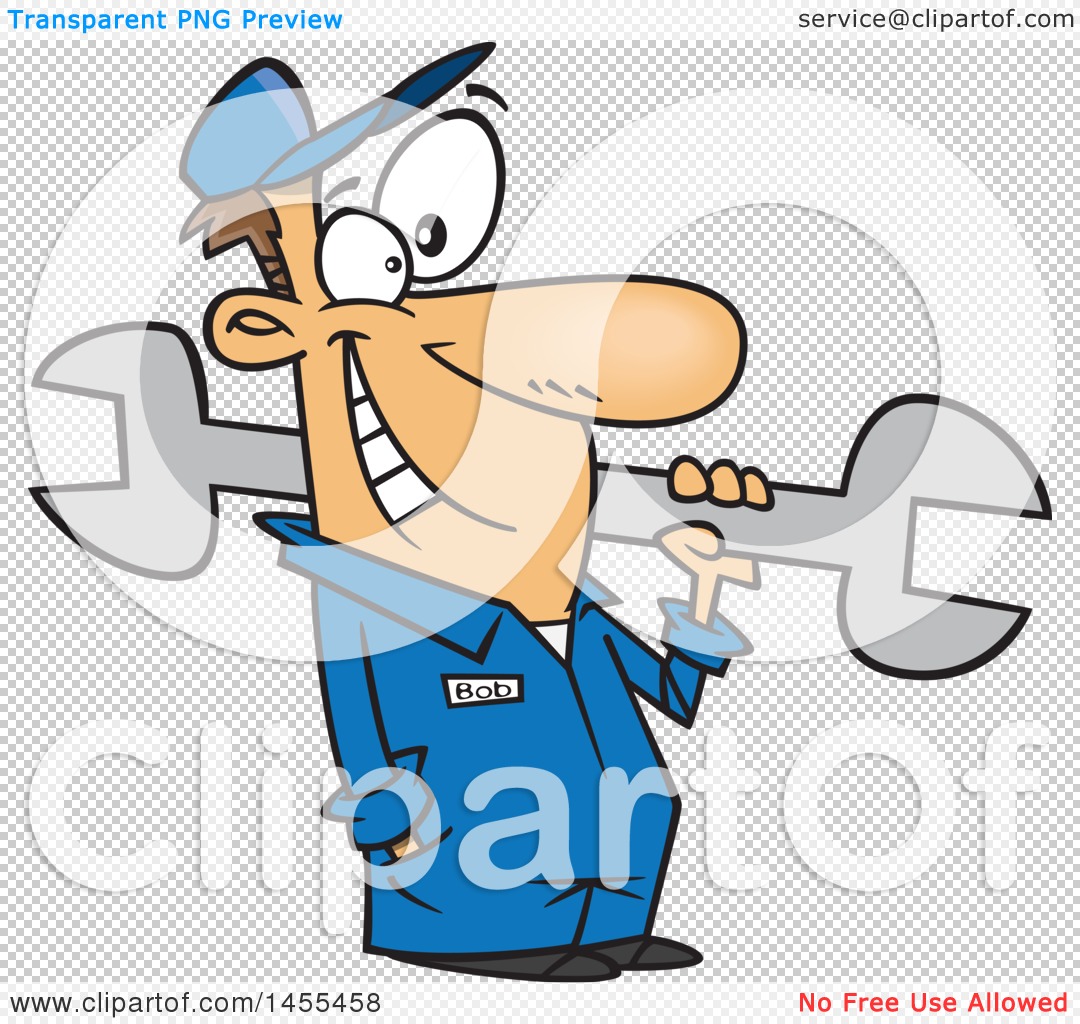 Clipart of a Cartoon Happy White Car Mechanic Guy Holding a Giant Wrench -  Royalty Free Vector Illustration by toonaday #1455458