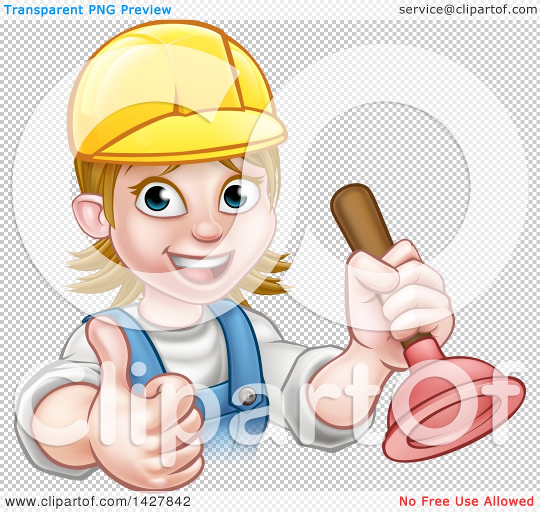 Clipart Of A Cartoon Happy White Female Plumber Wearing A Hard Hat