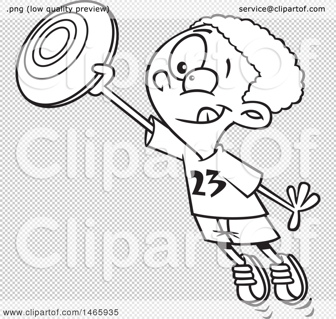 Clipart of a Cartoon Lineart Boy Catching a Frisbee - Royalty Free