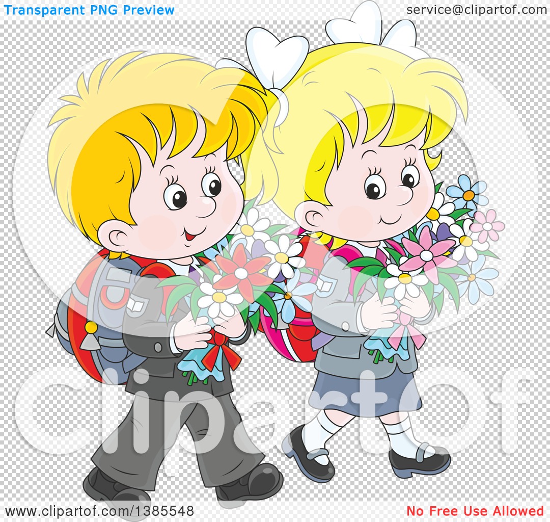 Clipart of a Cartoon Thoughtful White Boy and Girl Walking with ...