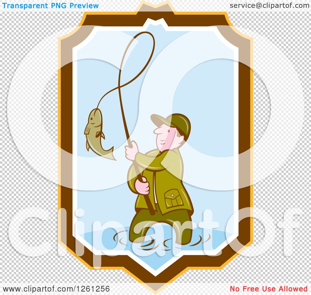 Clipart of a Cartoon Wading Fisherman Reeling in a Fish in a Yellow Brown  White and Blue Shield - Royalty Free Vector Illustration by patrimonio  #1261256