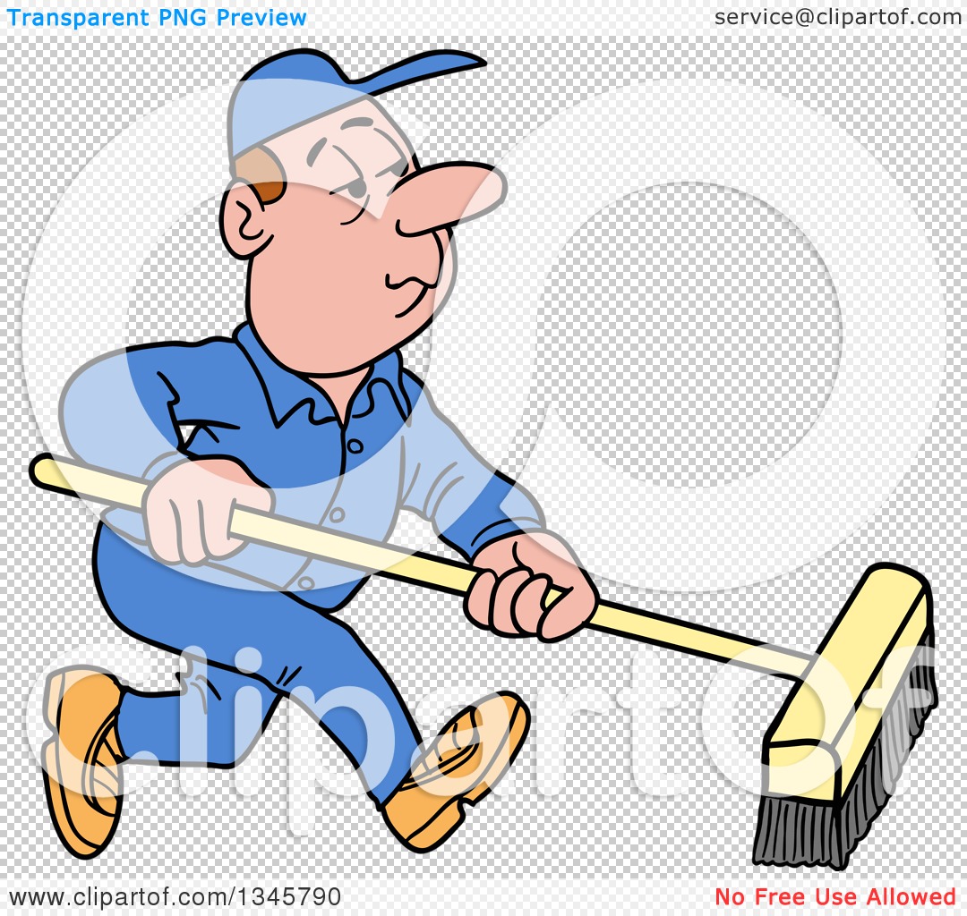 Clipart of a Cartoon White Male Janitor Using a Push Broom - Royalty ...