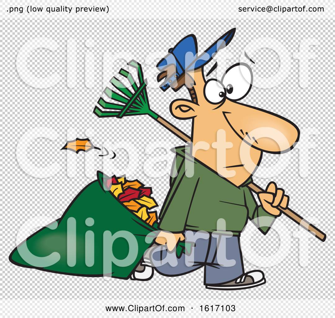 Clipart of a Cartoon White Man Carrying a Rake and Pulling Al Leaf Bag ...