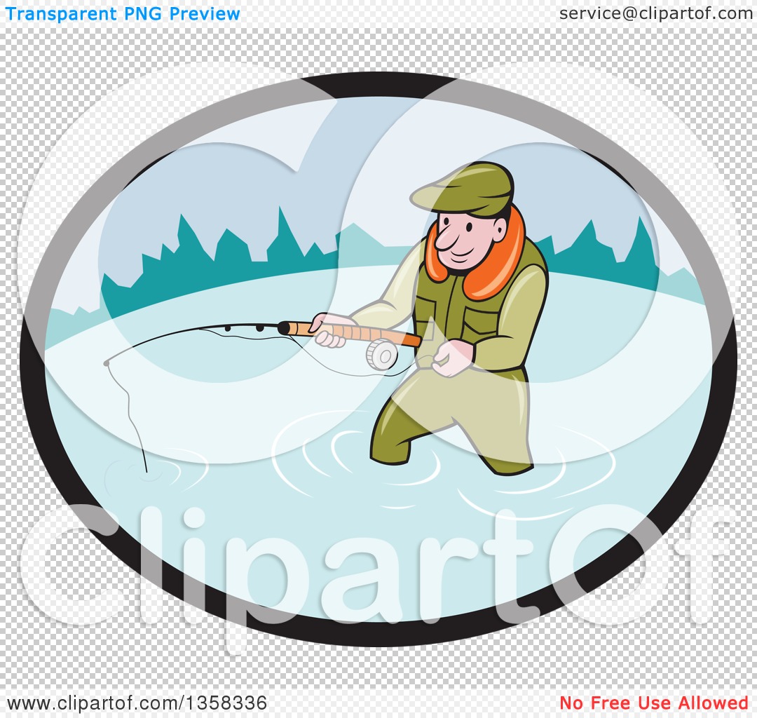Clipart of a Cartoon White Man Wading and Fly Fishing in an Oval - Royalty  Free Vector Illustration by patrimonio #1358336