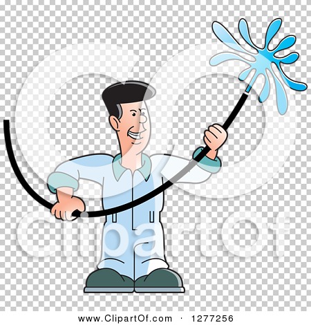 Clipart of a Cartoon Worker Man Using a Hose - Royalty Free Vector