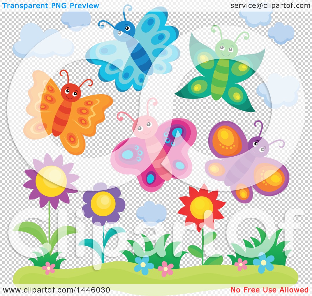 Clipart of a Group of Happy Spring Butterflies over Flowers - Royalty ...