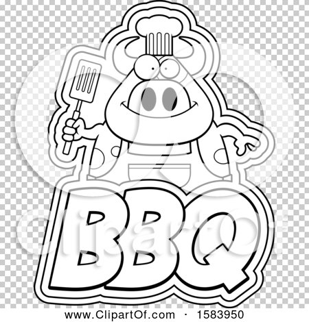 Clipart of a Lineart Grilling Chef Cow Holding a Spatula over Bbq Text