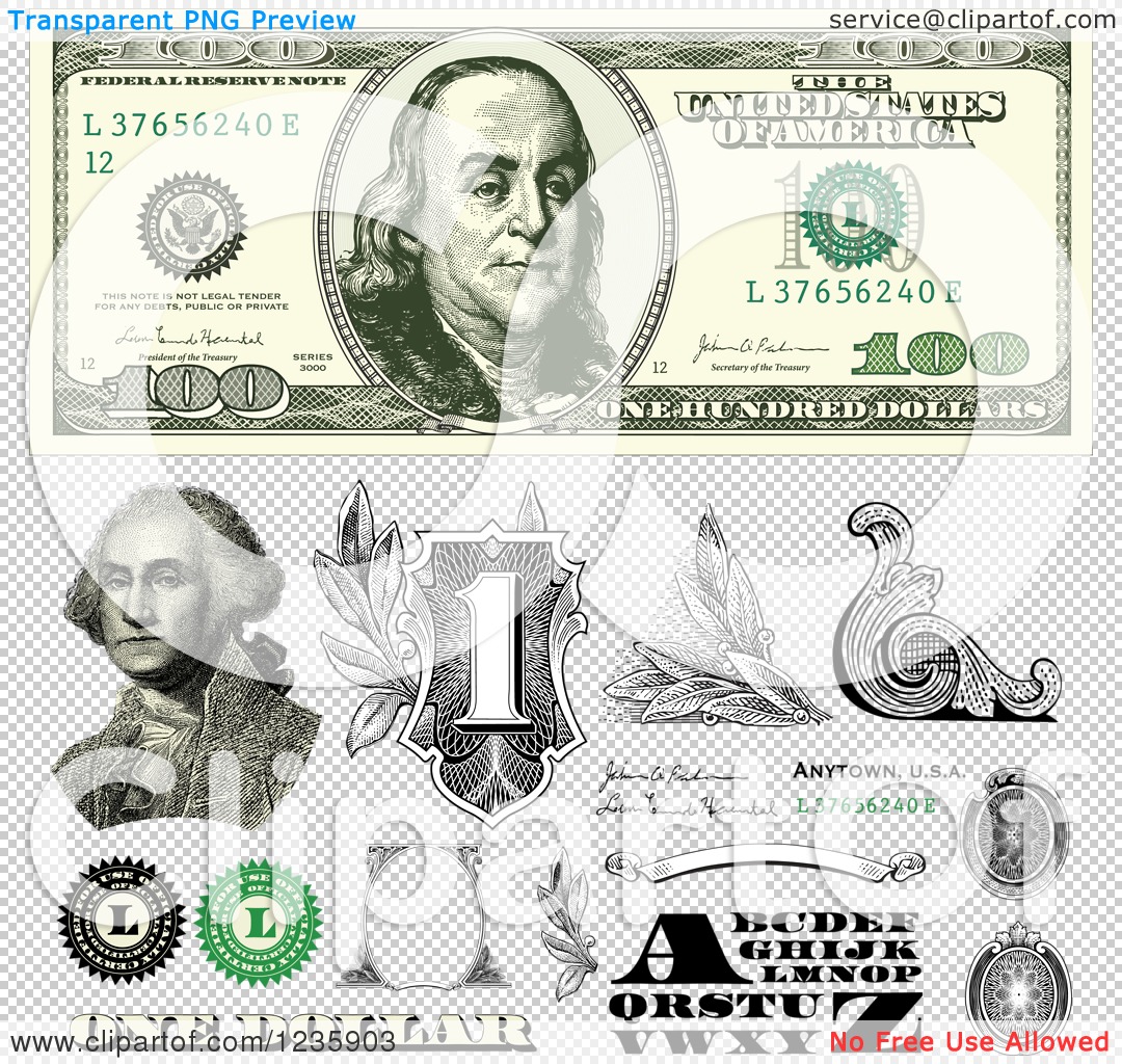 Clipart Of A One Hundred Dollar Bill And Benjamin Franklin Money