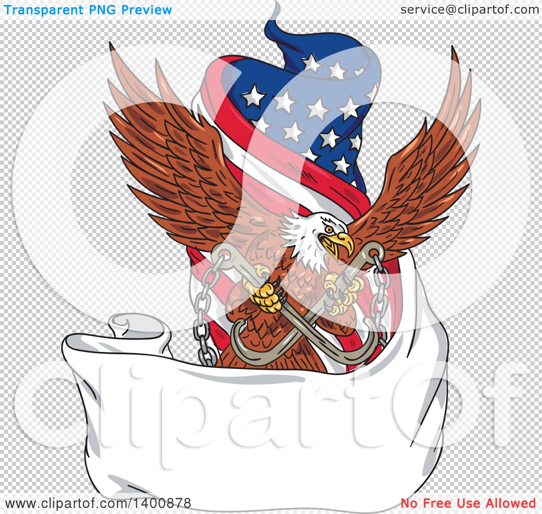 Clipart of a Retro Bald Eagle Flying with Towing J Hooks over a Blank  Ribbon Banner and American Flag - Royalty Free Vector Illustration by  patrimonio #1400878