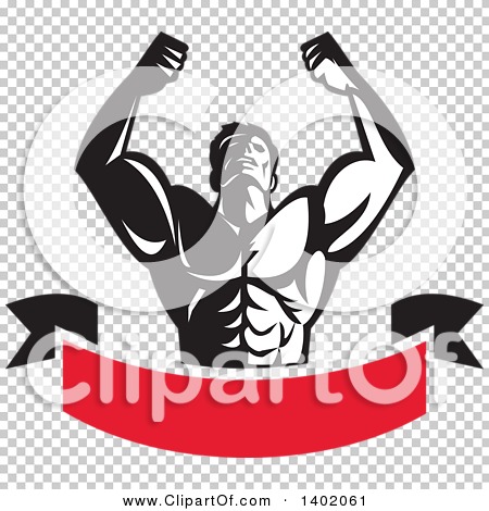 Clipart of a Retro Black and White Strong Male Bodybuilder Holding His ...