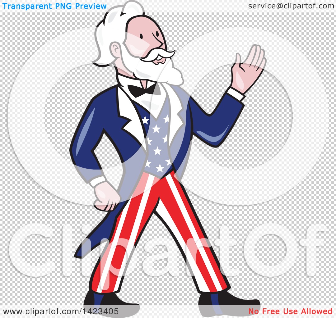 Clipart of a Retro Cartoon Uncle Sam Walking and Waving - Royalty Free  Vector Illustration by patrimonio #1423405