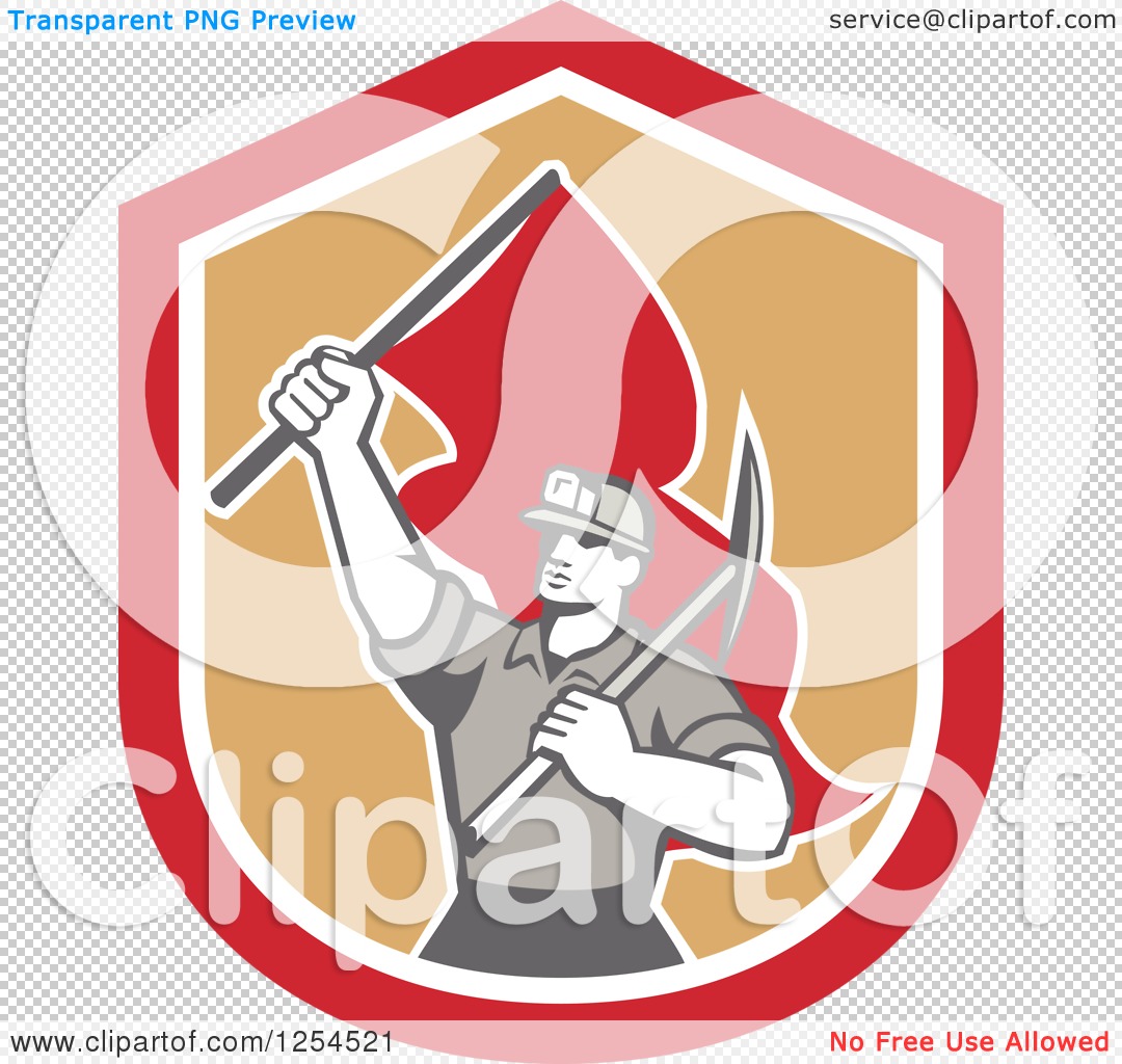 Clipart of a Retro Male Coal Miner Holding a Pickaxe and Red Flag in a ...