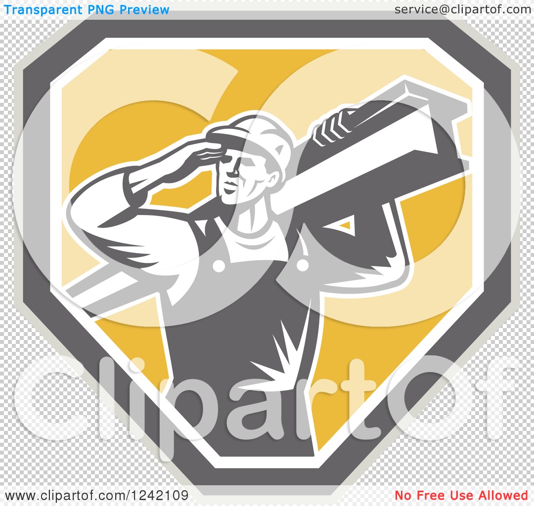 Clipart of a Retro Male Construction Worker Carrying a Beam over a ...