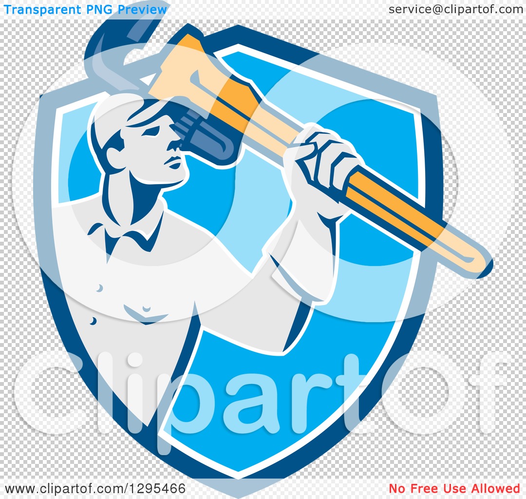 Clipart Of A Retro Male Plumber Holding A Giant Monkey Wrench In A Blue
