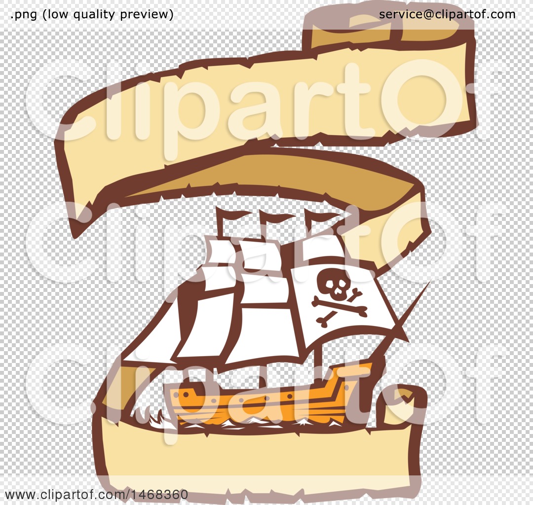Clipart of a Retro Pirate Ship in a Long Ribbon Banner - Royalty