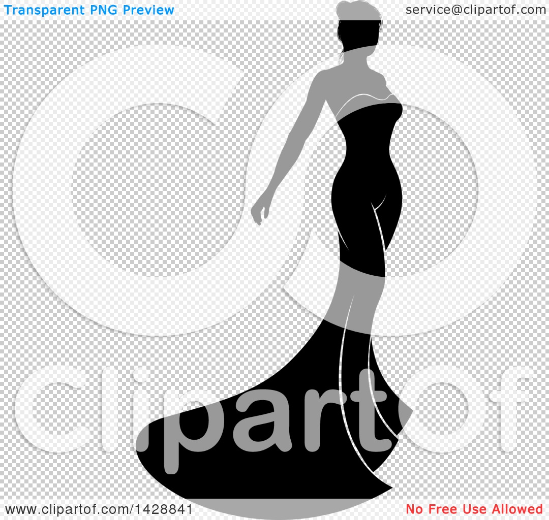 Clipart of a Silhouetted Black and White Bride in a Wedding Gown