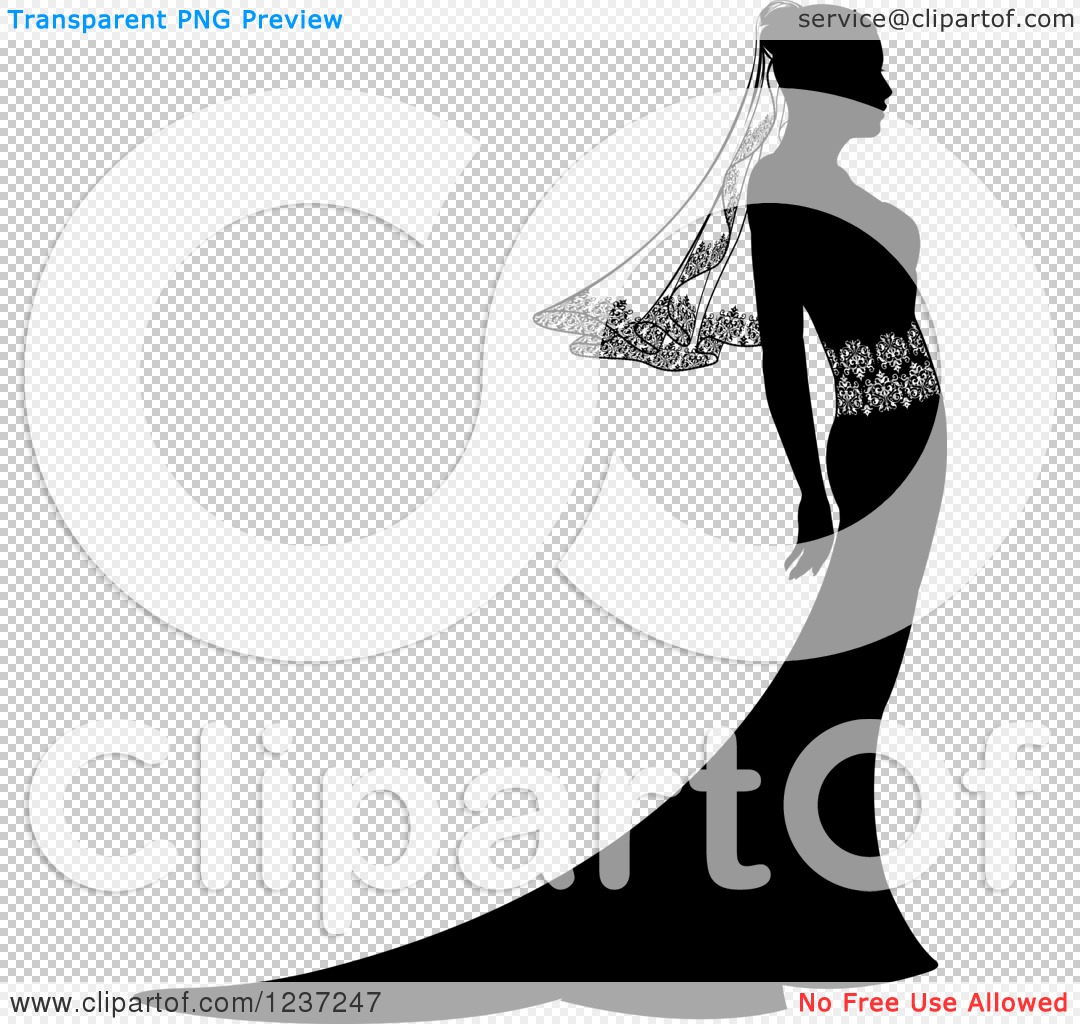 Clipart of a Silhouetted Black and White Bride in Profile with a Veil