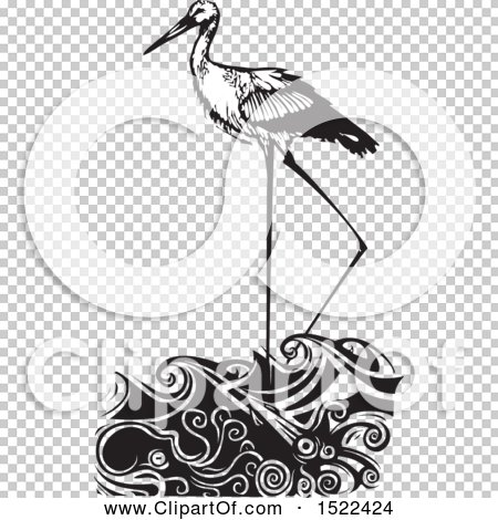 Clipart of a Stork Bird Wading in Water, Black and White Woodcut ...