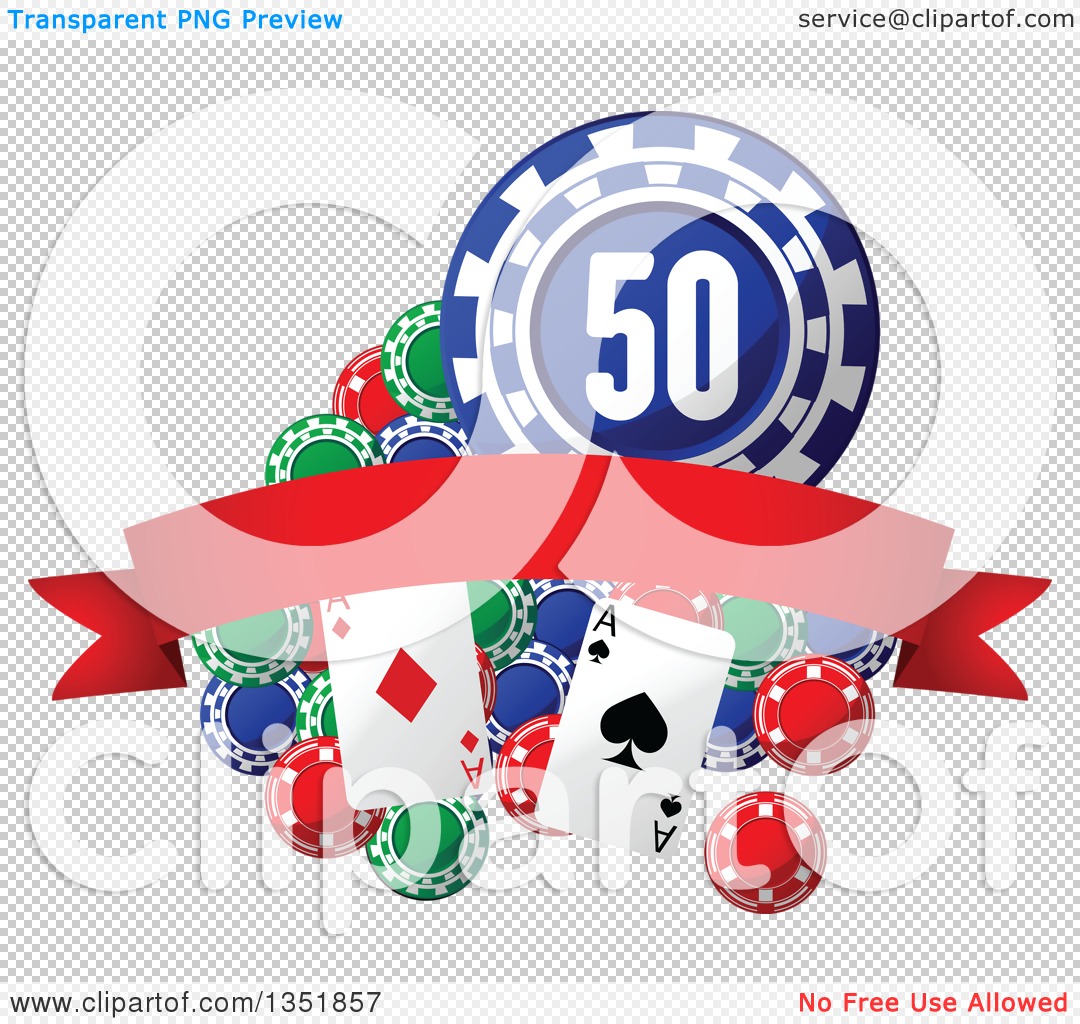Clipart of Poker Chips and Playing Cards with a Red Blank Banner