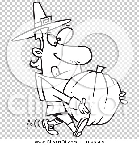 Clipart Outlined Pilgrim Man Carrying A Pumpkin - Royalty Free Vector