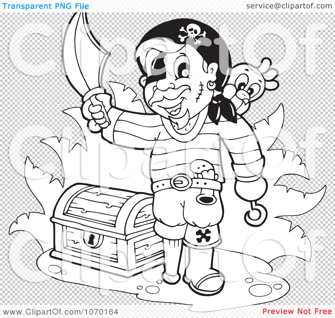 Clipart Outlined Pirate With A Treasure Chest Royalty Free Vector Illustration By Visekart
