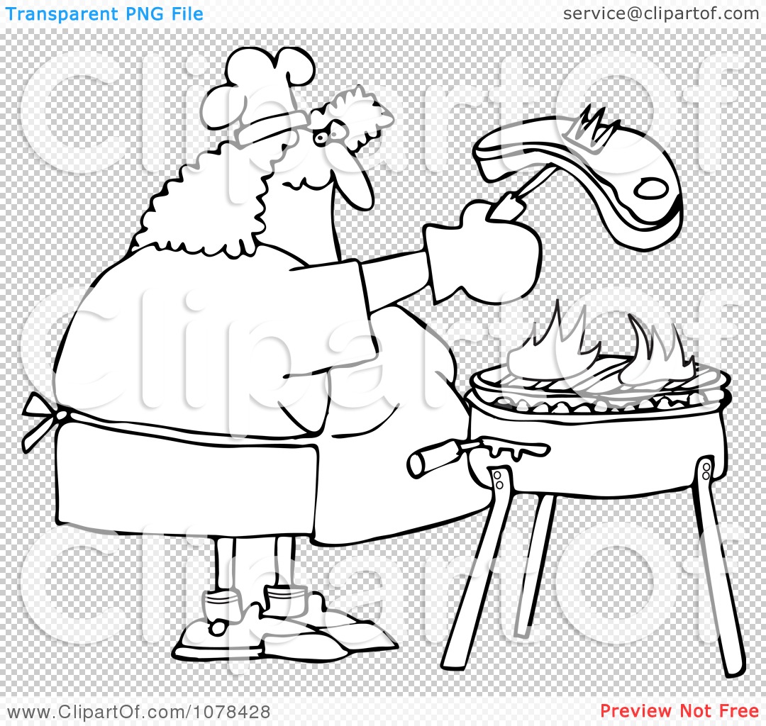 Clipart Outlined Woman Grilling Steak On A BBQ - Royalty 
