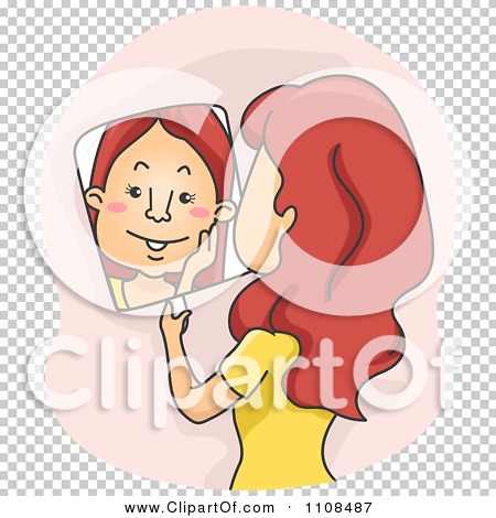 Clipart Red Haired Woman Blushing And Looking In A Mirror Over Pink ...