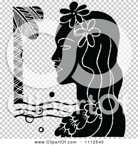 Clipart Retro Black And White Hawaiian Woman With A Floral Lei And Palm ...