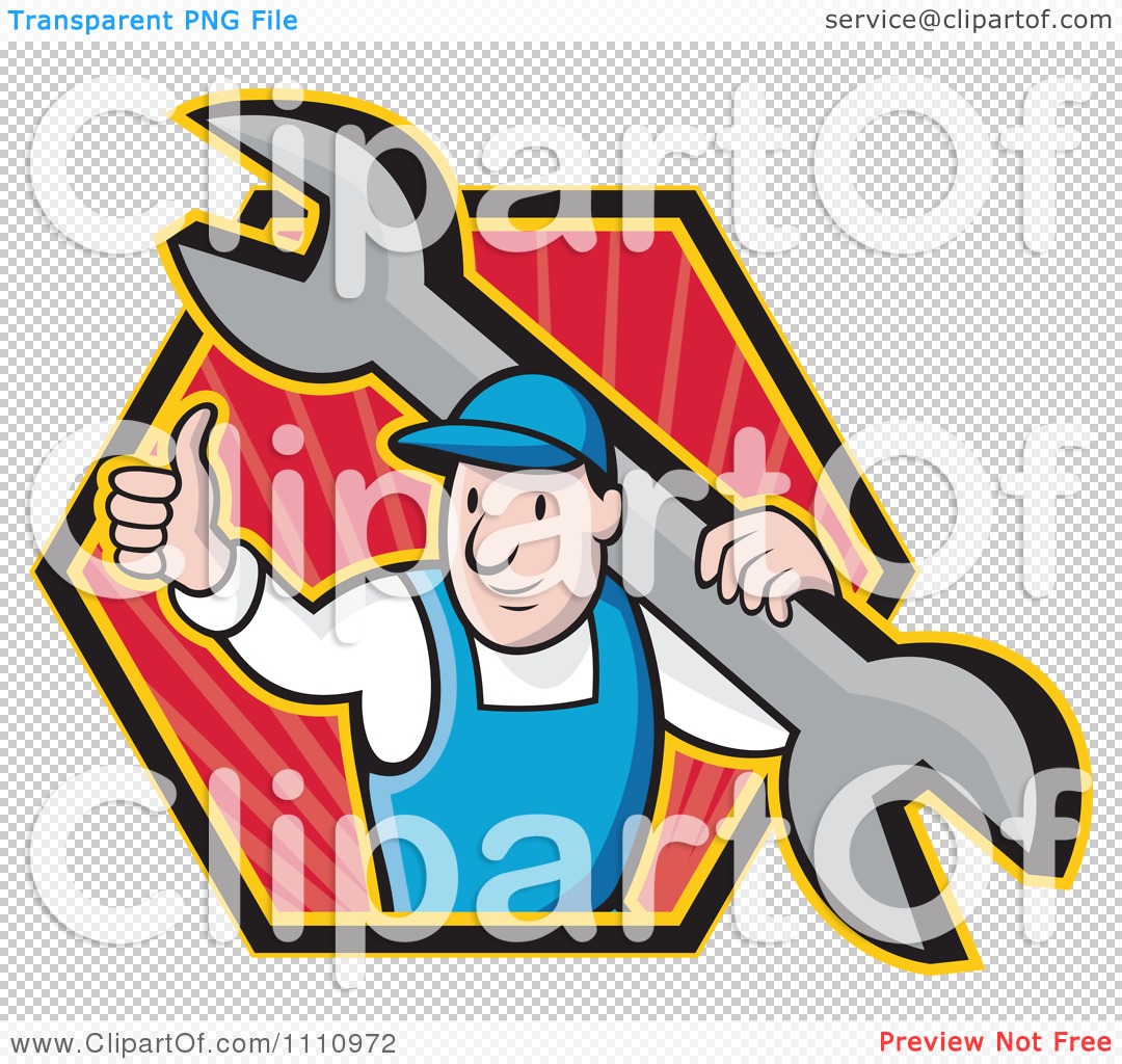 Clipart Retro Plumber Holding A Thumb Up And Wrench In A Hexagon ...