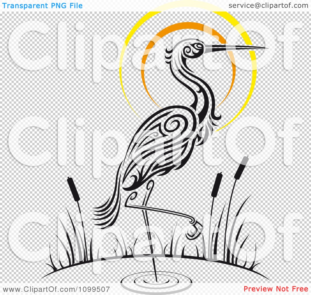 Clipart Wading Tribal Crane And Sunset - Royalty Free Vector ...