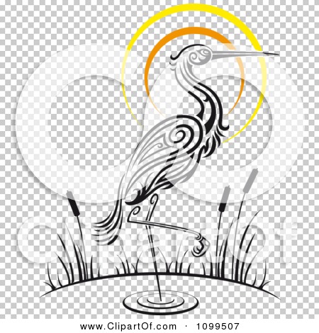 Clipart Wading Tribal Crane And Sunset - Royalty Free Vector ...