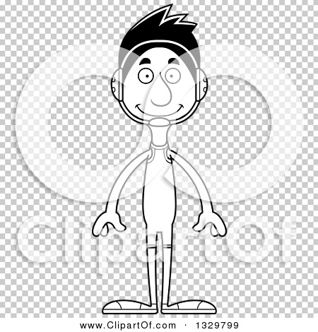 Lineart Clipart of a Cartoon Black and White Happy Tall Skinny Hispanic