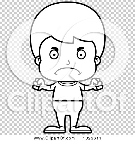 Lineart Clipart of a Cartoon Black and White Mad Casual Boy - Royalty