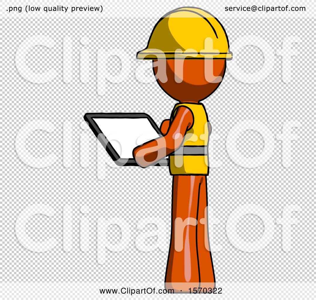 Orange Construction Worker Contractor Man Looking At Tablet Device Computer With Back To Viewer By Leo Blanchette