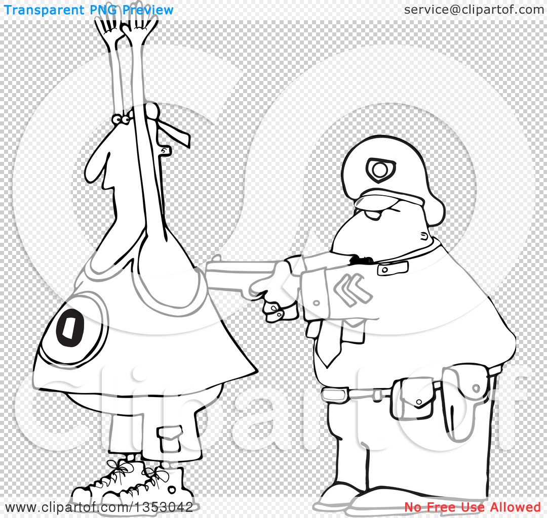 Outline Clipart of a Cartoon Black and White Police Officer Arresting a