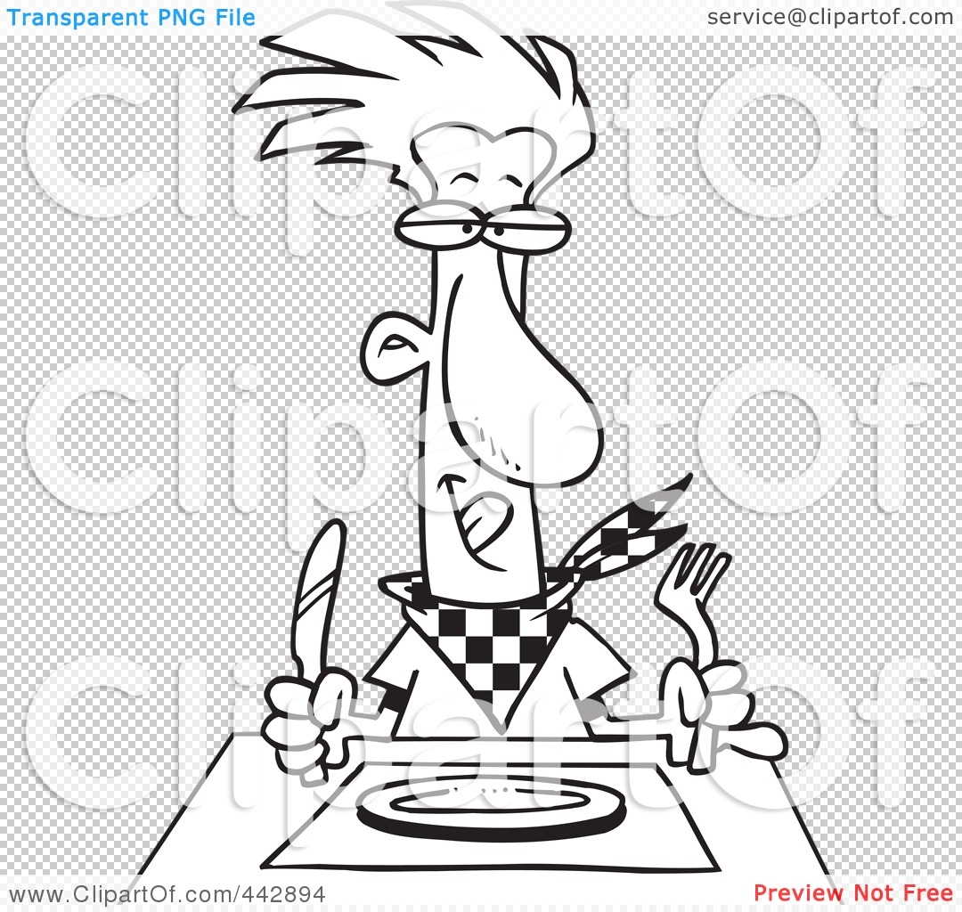 Royalty-Free (RF) Clip Art Illustration of a Cartoon Black And White  Outline Design Of A Hungry Man Waiting For His Dinner by toonaday #442894