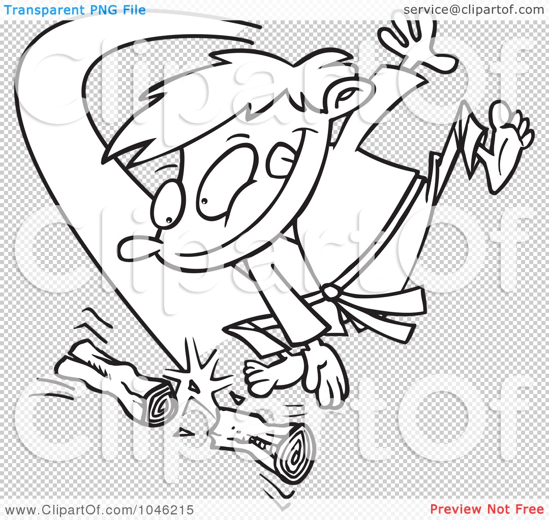 Royalty-Free (RF) Clip Art Illustration of a Cartoon Black And White  Outline Design Of A Karate Boy Chopping Wood by toonaday #1046215