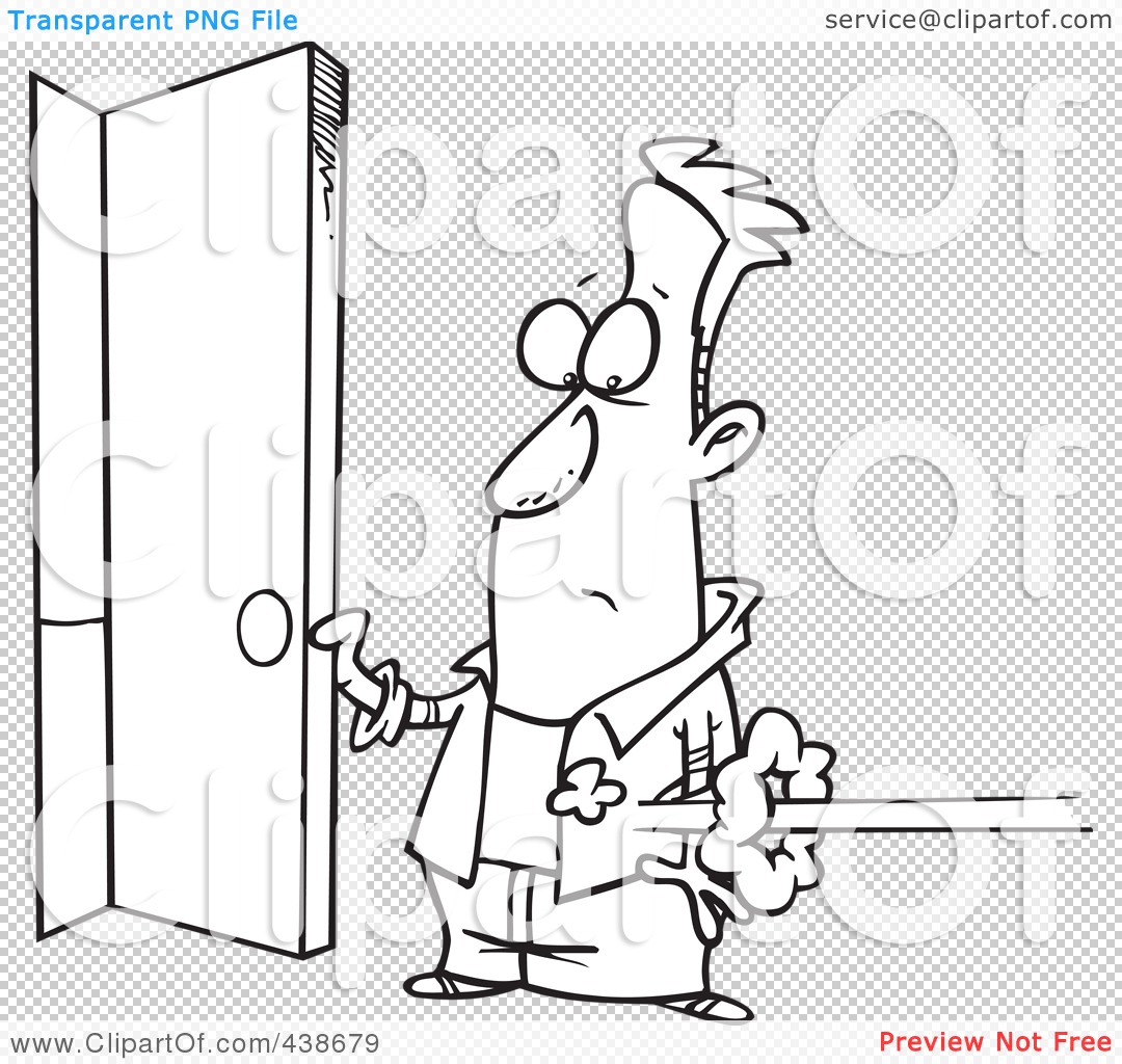 Royalty Free Rf Clip Art Illustration Of A Cartoon Black And White Outline Design Of A Man Holding Open A Door As Someone Shoots In By Toonaday