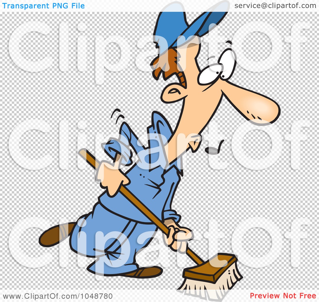 Royalty-Free (RF) Clip Art Illustration of a Cartoon Janitor Using A ...