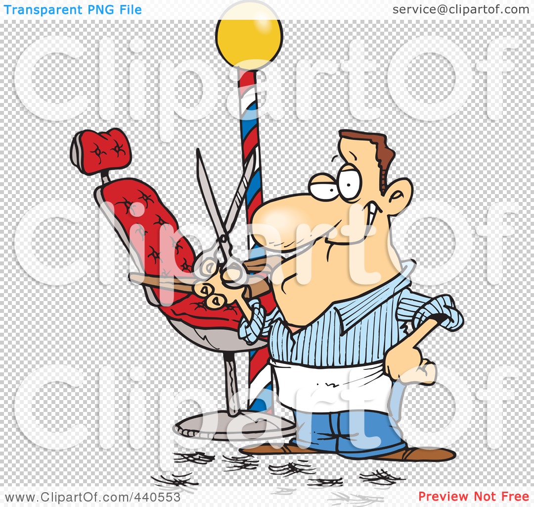 Royalty-Free (RF) Clip Art Illustration of a Cartoon Male Barber Standing  By His Chair And Holding Up Scissors by toonaday #440553
